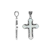 Mother of pearl cross pendant in sterling silver with handcrafted Balinese design, elegant religious jewelry.